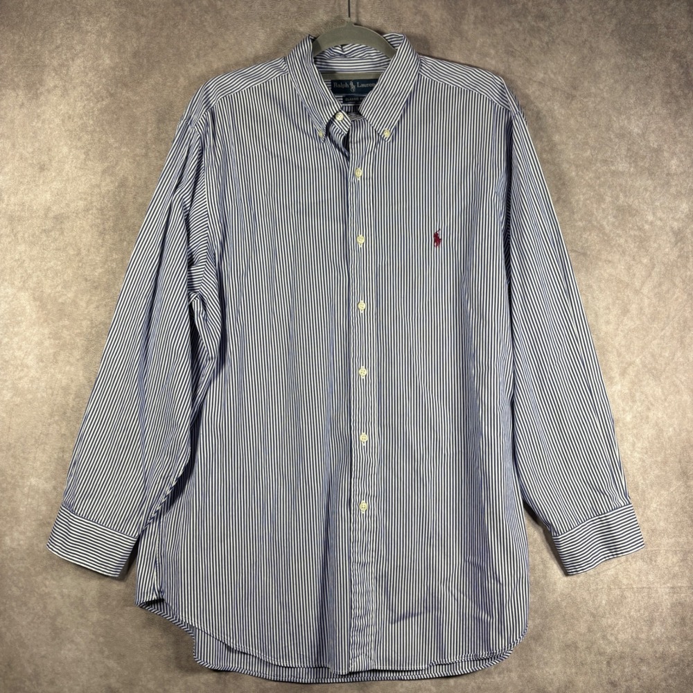 Ralph Lauren Button Down Shirt Mens 17 32/33 Blue White Striped Classic Fit LS